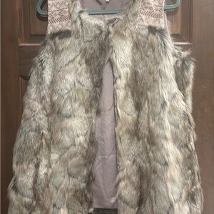 Miss Me Faux Fur Vest in Cream, Grey, and Brown with Embroidered Detail.